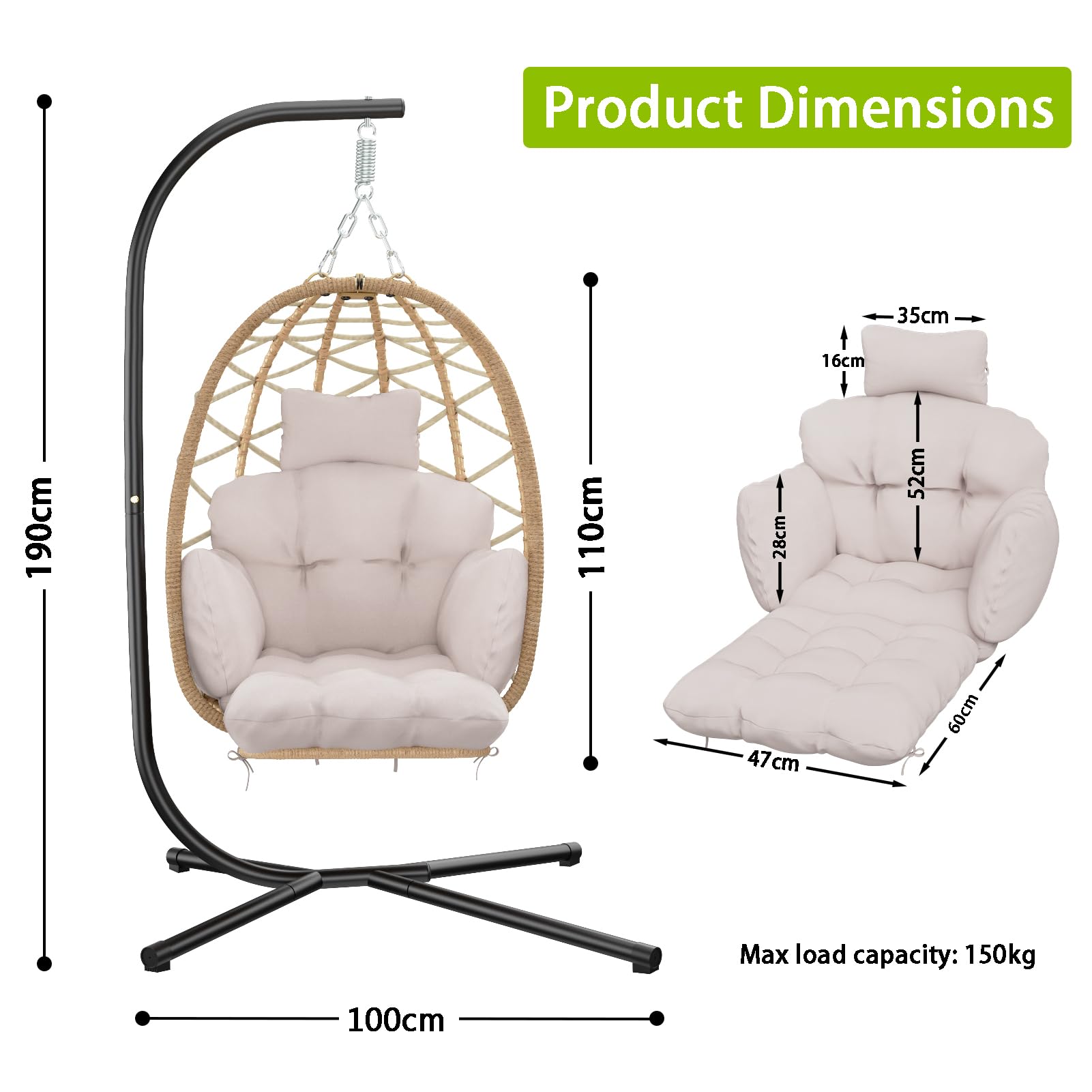 Hängesessel mit Gestell, Hängestuhl mit Fußstütze, Dicke Kissen, Höhenverstellbar, Hängekorb Sessel Outdoor Indoor, Ergonomisch, Hängeschaukel, Egg Chair für Garten Balkon Terrasse bis 150kg-Grau