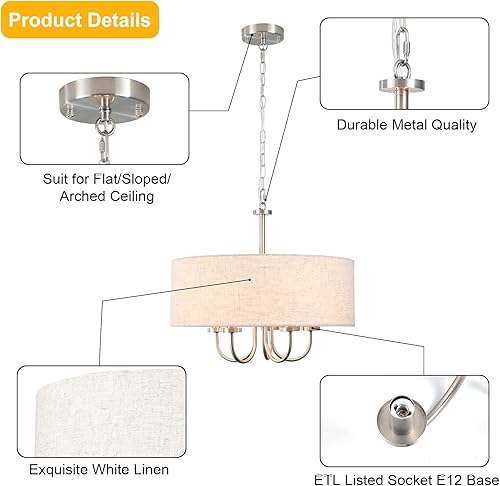 Miniatura 6 de Candelabros de tambor de 5 luces de 19 pulgadas para comedor, lámpara de níquel cepillado, moderna pantalla de lino, lámpara colgante para sala de