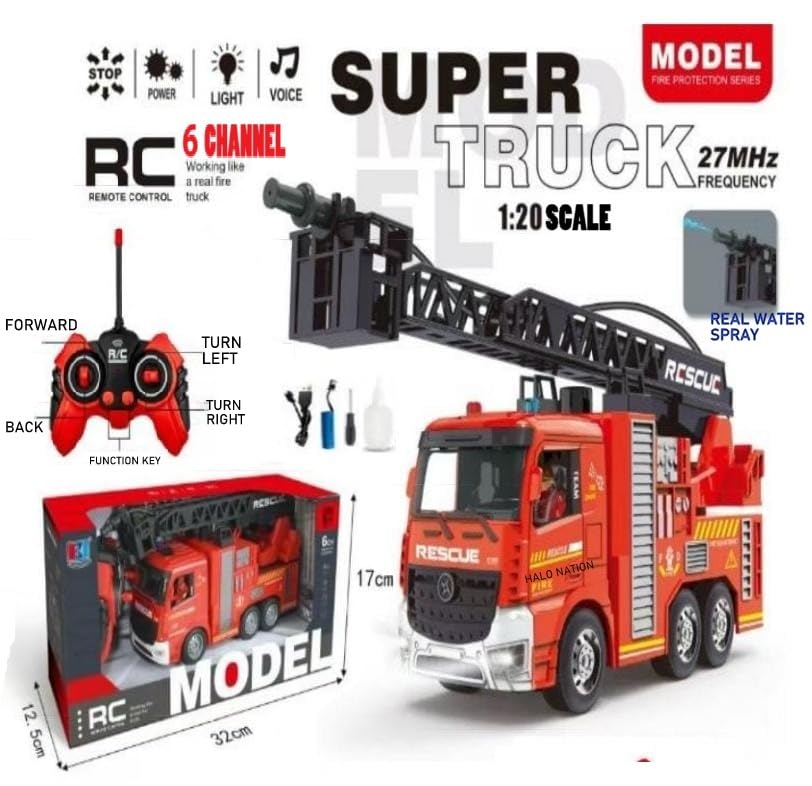 Image of HALO NATION 6 Channel Remote Control Fire Ladder RC Fire Engine Truck with Head Light & Music, Real Water Spray Fire Fighter Truck for Kids