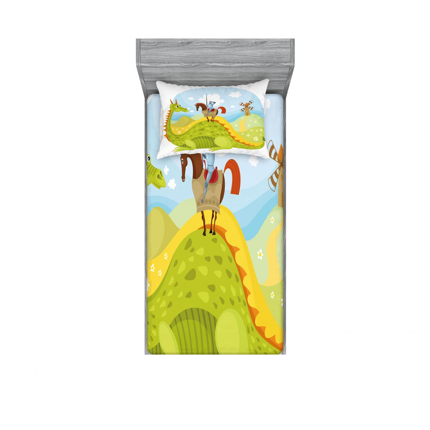 Ambesonne Cartoon 2 Pack Fitted Sheet & Pillow Sham Set, Knight and His Horse, 4 Pcs Bedding Decor, Package Contains 2 Twin Size Fitted Sheets & 2 Pillow Covers, Apple Green Sky Blue