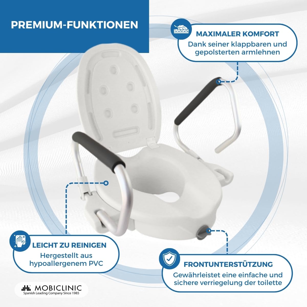 Mobiclinic®, Toilettensitzerhöhung, 17cm, Mit klappbaren, Gepolsterten armlehnen und Deckel, Passend für ovale toiletten, Ergonomisch, Leicht, Sicher, Europäische Marke, Modell guadiana