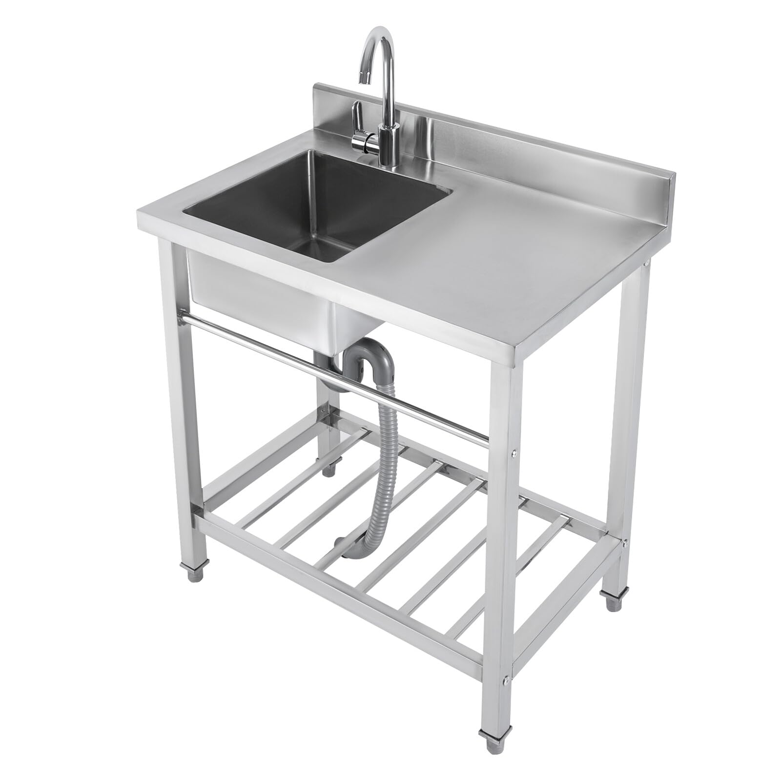 Freistehende Küchenspüle Edelstahl Spültisch, 80 x 55 x 84CM 100KG Tragfähigkeit Einschalen-Küchenspüle Gewerbliche-Küchenspüle mit Arbeitsfläche für Restaurant Garage oder Waschküche
