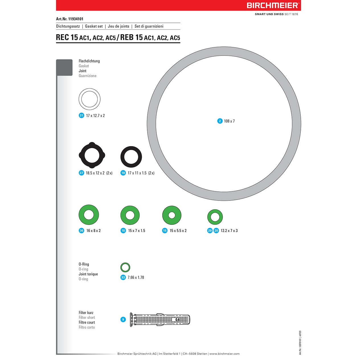 Set guarnizioni di ricambio per Birchmeier REC 15/REB 15