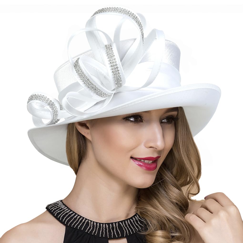 Ruphedy Women Derby Church Hat Elegant Tea Party Dress Wedding Hat with Rhinestones (SD718-White)