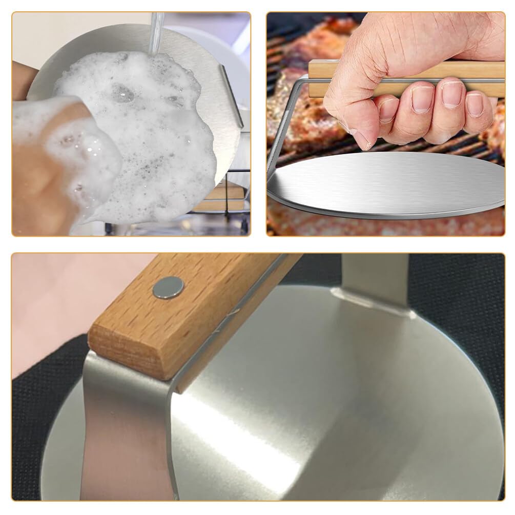 Baluue Pressa Hamburger Acciaio Inossidabile con Manico di Faggio Strumento per Creare Hamburger Fatti Casa Utensile da Cucina Resistente e Facile da Usare