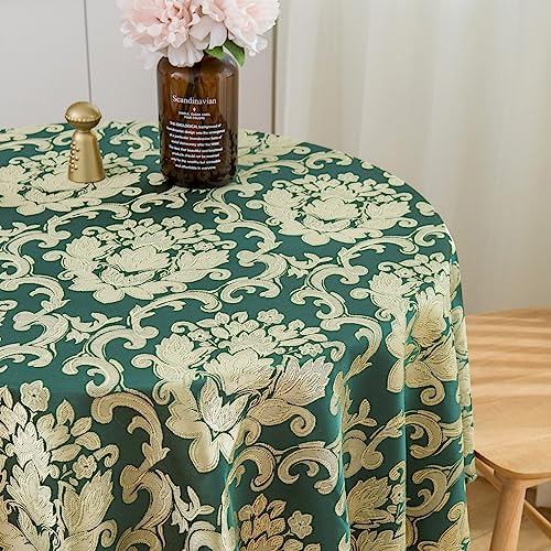 SPRICA Round Jacquard Tablecloth 200cm Classic Flower Pattern Thick Heavy Weight Soft Table Cover, Machine Washable, Golden Green - Image 4