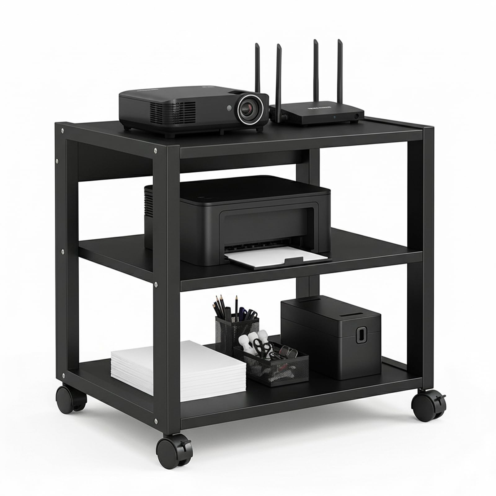 Phonoschrank auf Rollen, Plattenspieler Regal mit 3 Ablagen für Schallplatten, Kompakter HiFi Schrank für Wohnzimmer und Büro, Schwarz, 50x40x48.5cm