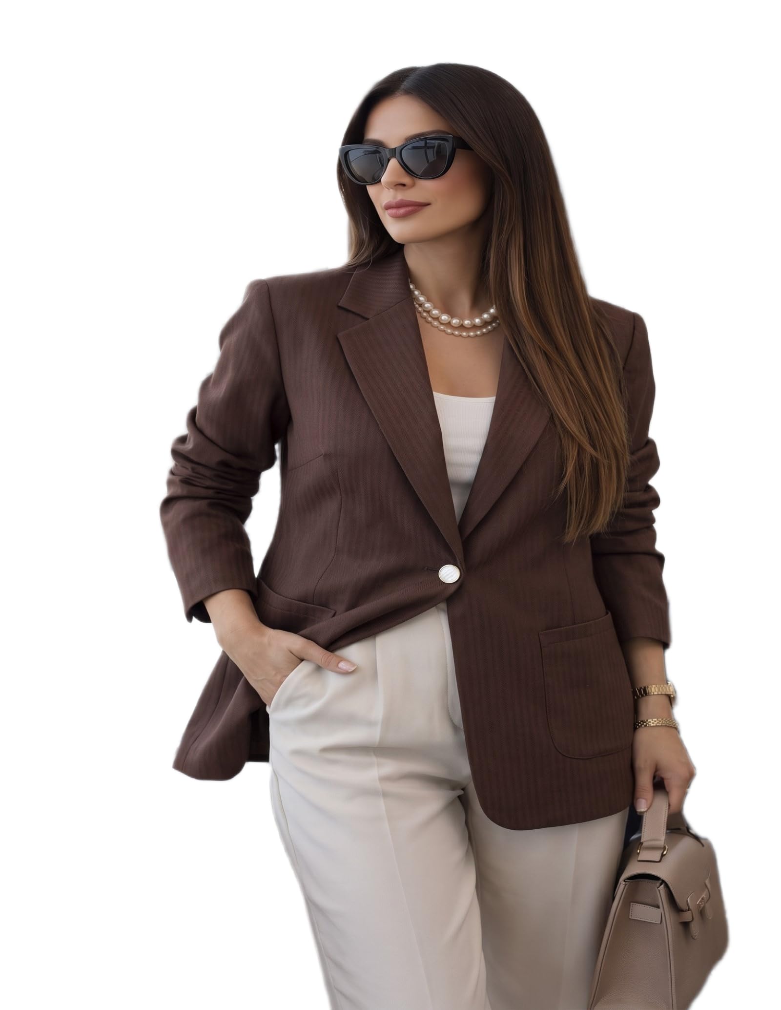 Women's Smart Office Coat – Brown Single Button Jacket, Notched Lapel Detail-picture-20
