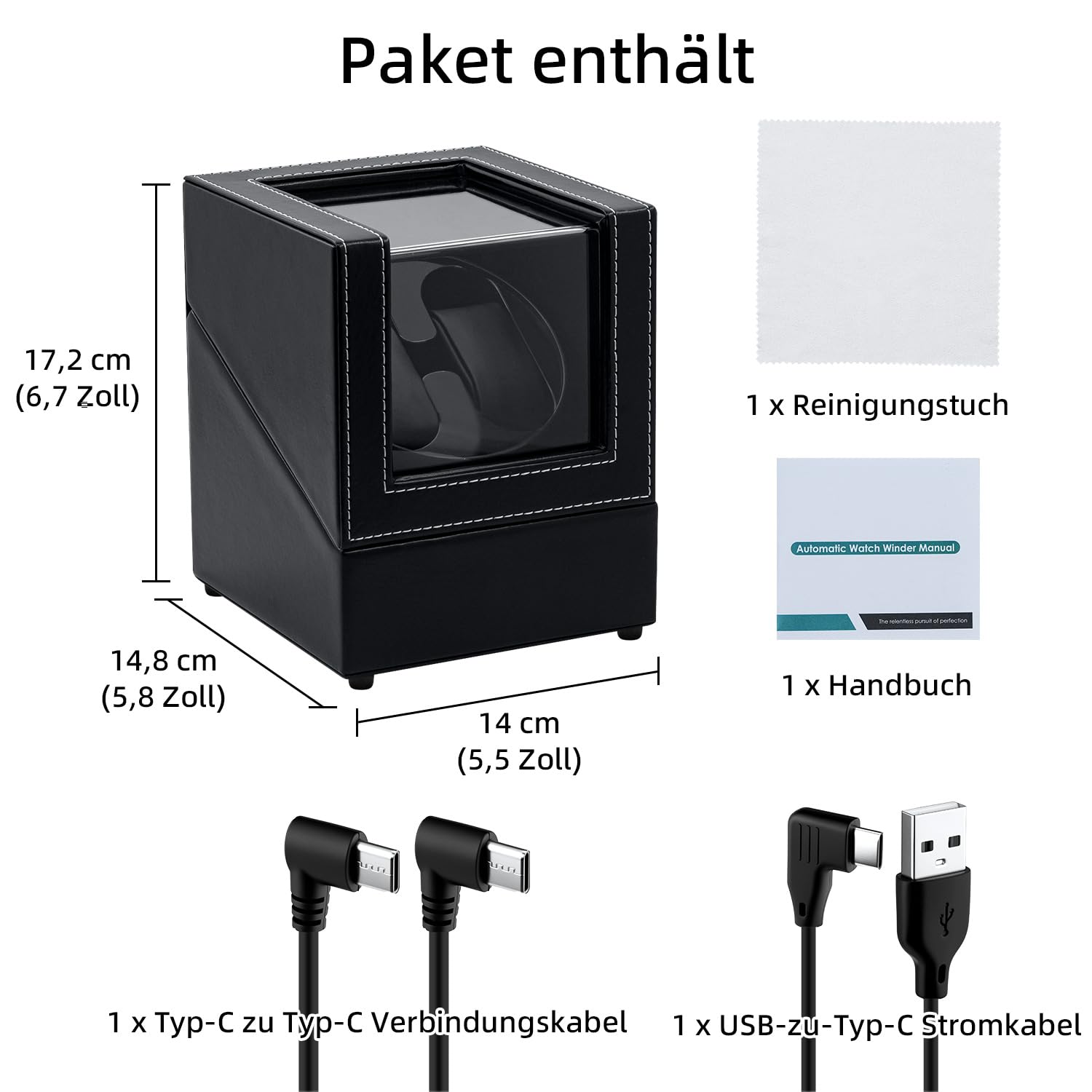 Mcbazel Uhrenbeweger 2 Uhren, Watch Winder für Herren und Damen USB-C Aufladung Uhrenbeweger Automatik TPD 970-2430 Zwei Wickelschwingmodi für Automatikuhren PU Leder - Schwarz
