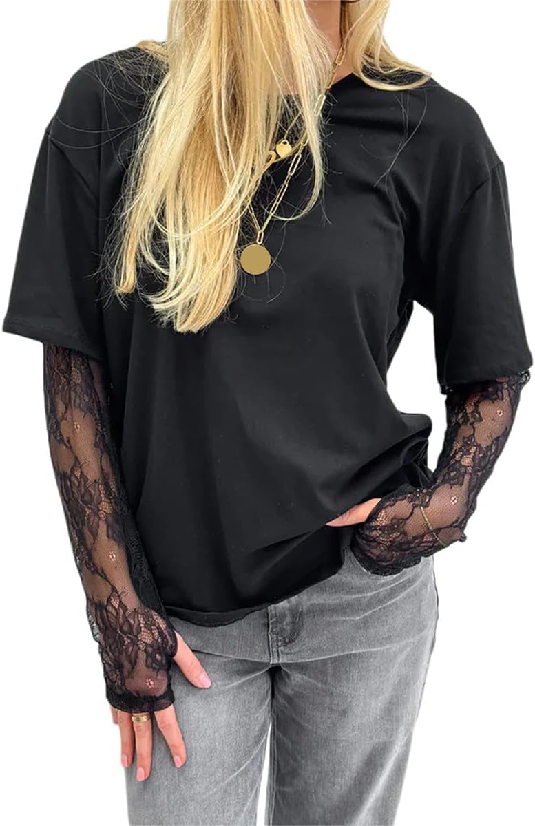 Womens Summer Lace Long Sleeves Shirt Spliced Loose Crewneck Fashion Thin T-Shirt Casual Solid Color Tops