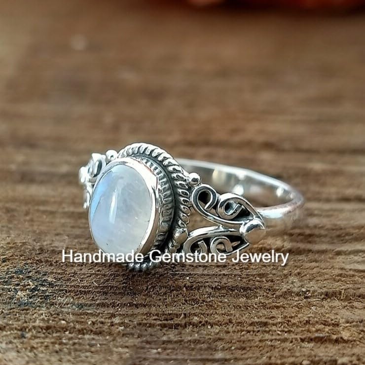 Rainbow Moonstone Ring, Artisan Design Ring, Solitaire Ring, Boho Ring, Oval Stone Ring, June Birthstone Ring, Engagement Ring, Minimalist Ring, Healing Crystal Ring, Natural Moonstone Jewelry