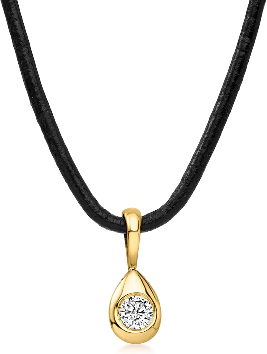 Pure Collection by Ross-Simons 0.10 Carat Lab-Grown Diamond Teardrop Pendant Necklace in 18kt Gold Over Sterling With Black Leather Cord. 16 inches