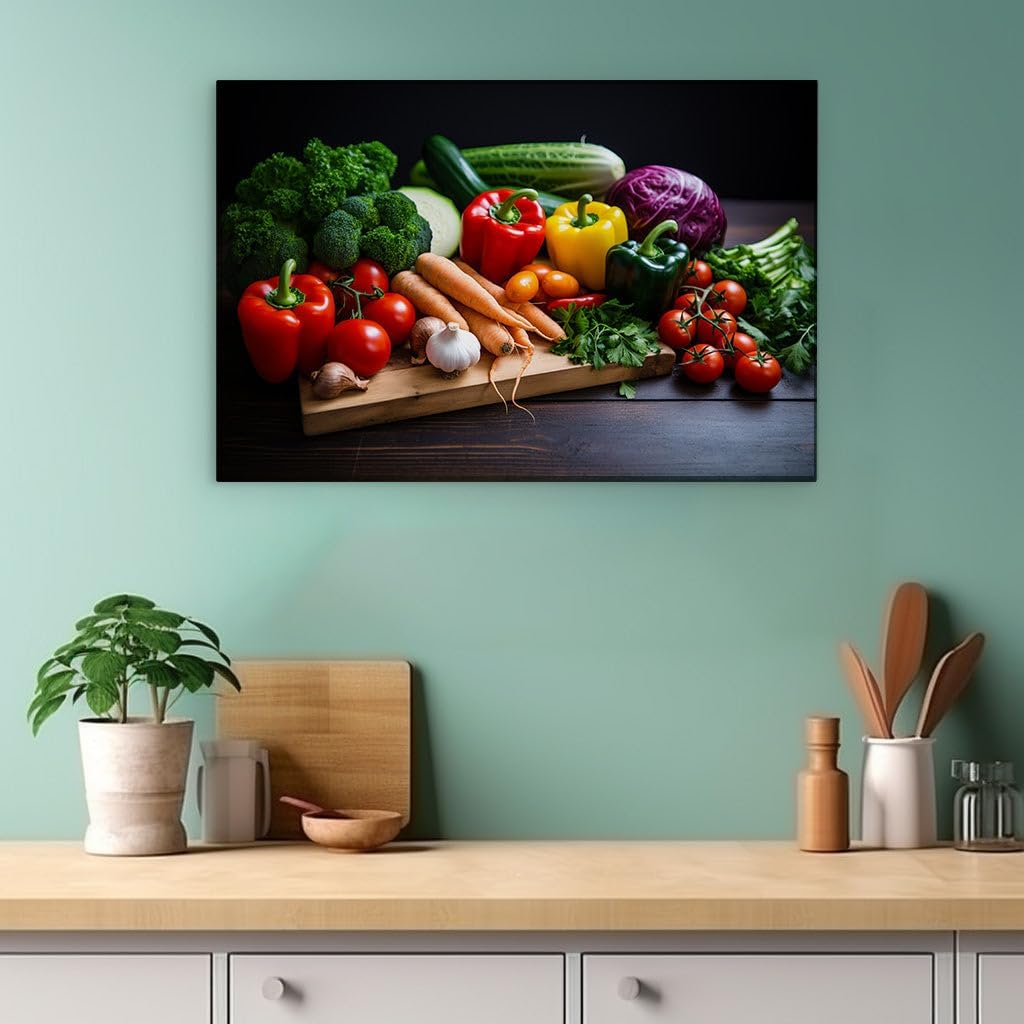 Canvas for Living room. A Bounty of Freshness: An Artful Array of Vegetables on a Rustic Wooden Table, 27 x 18 inch Canvas Wall Art - Ready to Hang