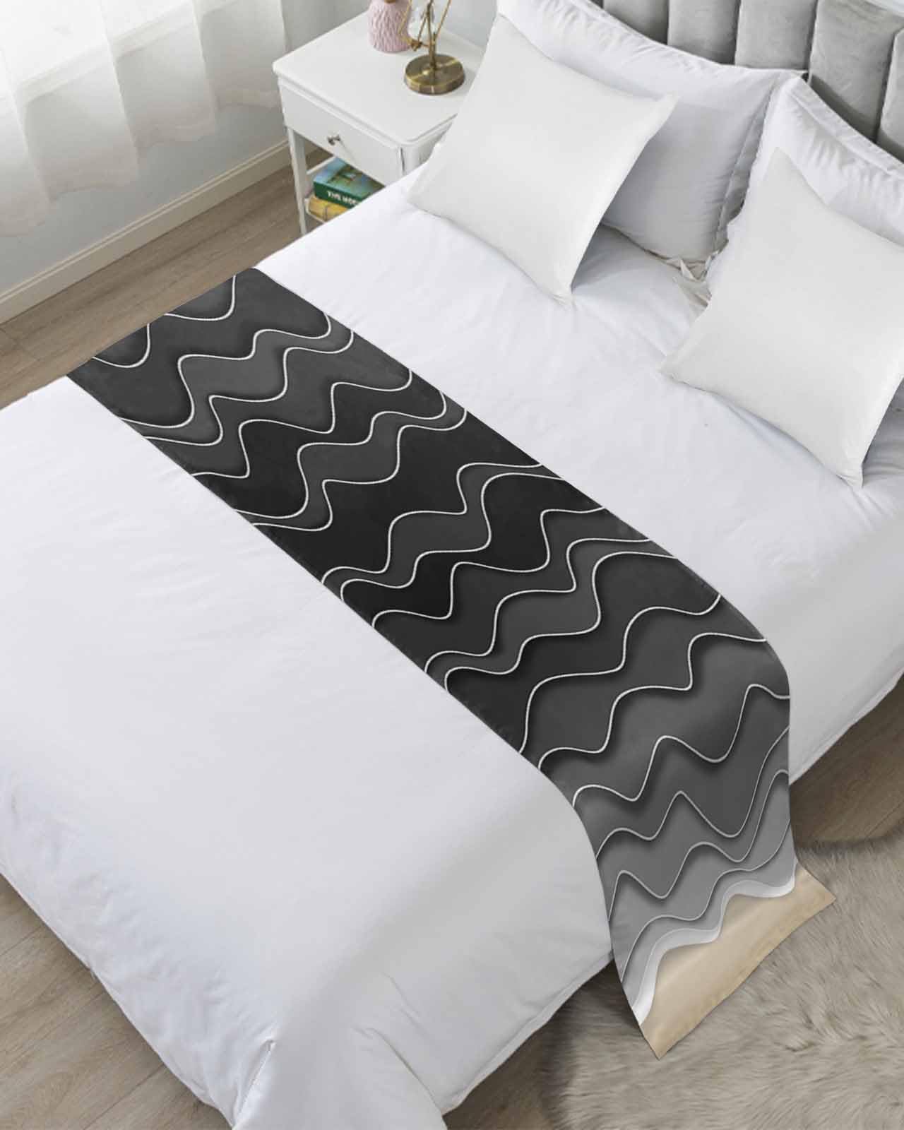 Yukro Bed Runner Scarf, Abstract Black Gray Gradient Ocean Waves King Bed Scarf Runner, No Fading Decorative Bedding Scarf for Bedroom Hotels Homes and Guestrooms