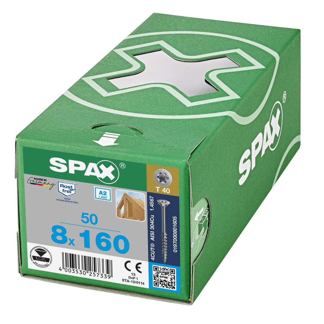 SPAX Tornillo para madera, diámetro 8 x 160 mm, 50 unidades, cabeza avellanada, rosca parcial, acero inoxidable A2 T-STAR Plus