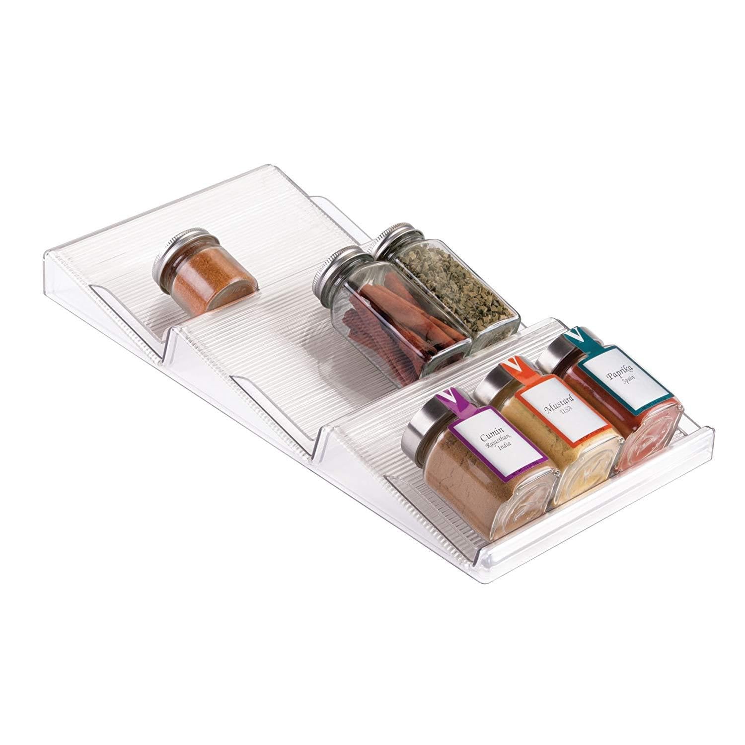 Estante de especias de plástico expandible para cocina, organizador de cajones en ángulo de 3 niveles para tarros de especias, soporte para botellas de condimentos, solución de almacenamiento de