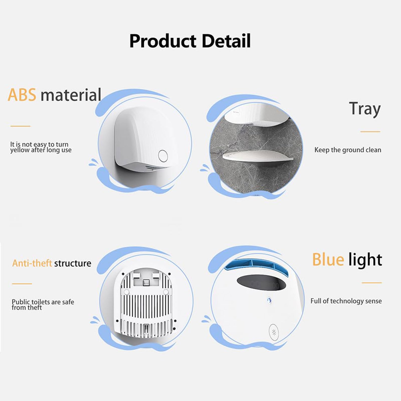 Secador De Manos Comercial 1200W Con Bandeja De Drenaje Secador Automático | Secador de Pared con Frío y Calor Ajustable, Indicador de Luz Azul y Estructura Antirrobo, Para Baño e Inodoro(black)