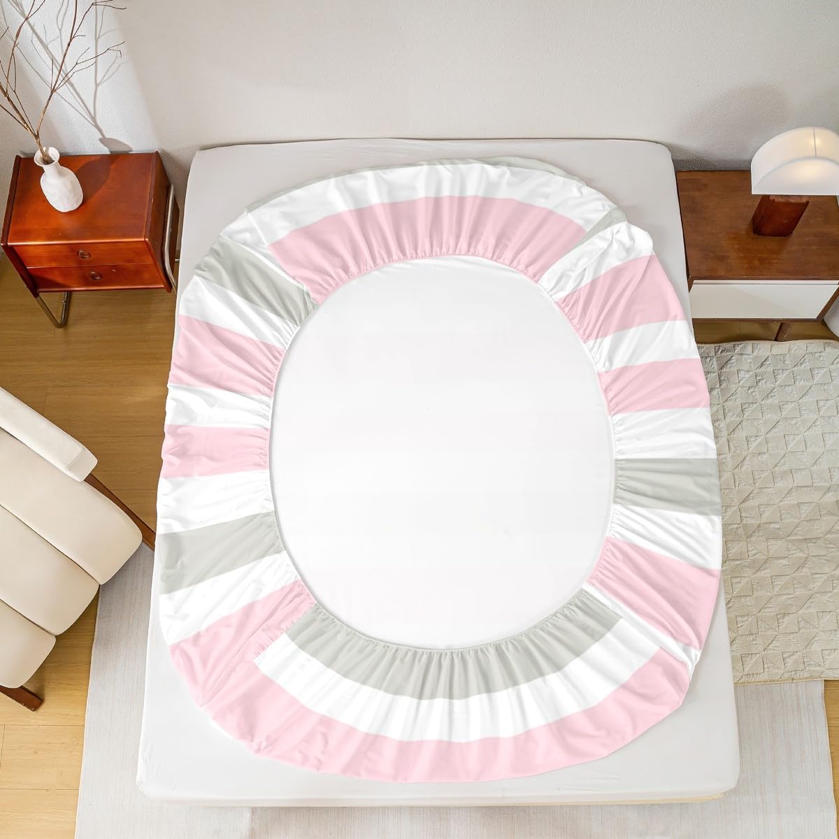 Homewish Pink Striped Sheet Set Queen Size,Grey White Lines Bedding Sets 4Pcs for Kids Girls Boys Teens Room Decor,Modern Simple Fitted Sheets Abstract Strips Top Flat Sheet,2 Pillowcases