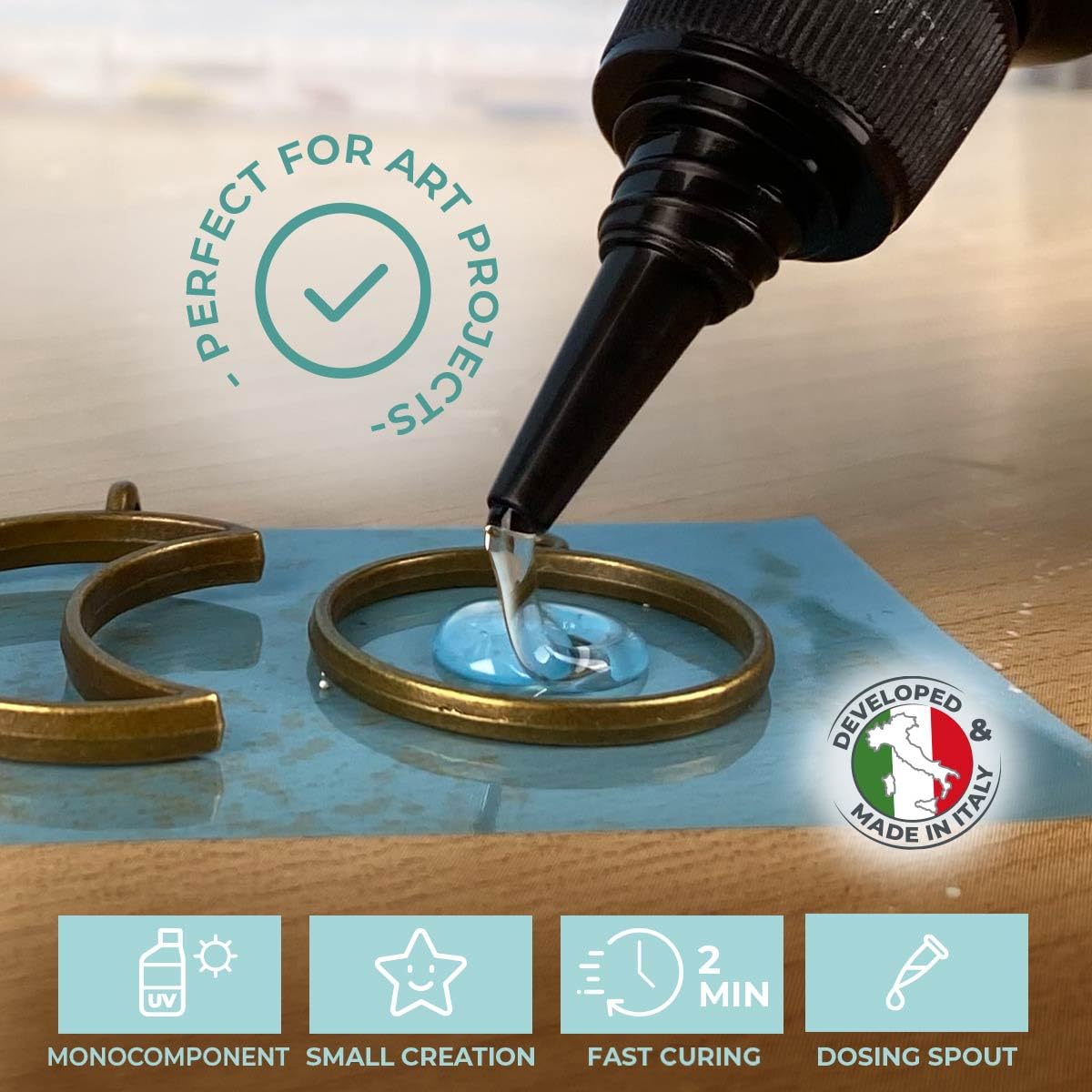 Resina UV Trasparente per Bijoux e Gioielli, indurimento Veloce, Filtro Anti-Ingiallimento, Effetto Acqua, facile da usare e Sicura, Crea i tuoi Bijoux in Resina (200 gr)