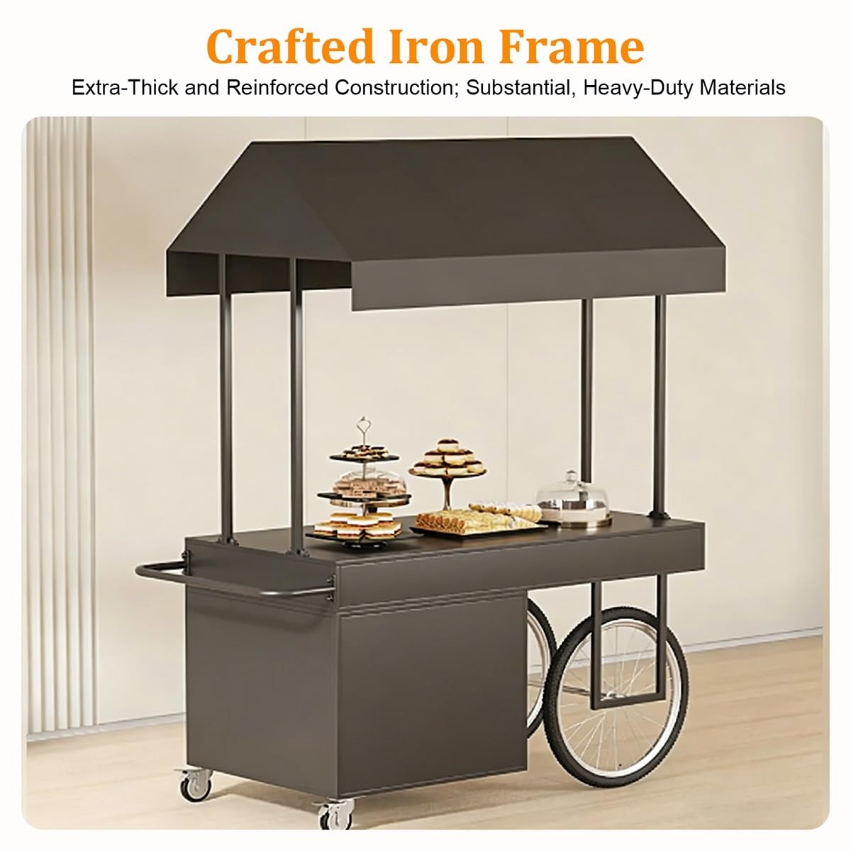 Mobiler Verkaufswagen Outdoor mit Dach, Imbisswagen mit Schublade und Schrank, Street Food Wagen für Markt, Eisverkauf und Events(Orange)