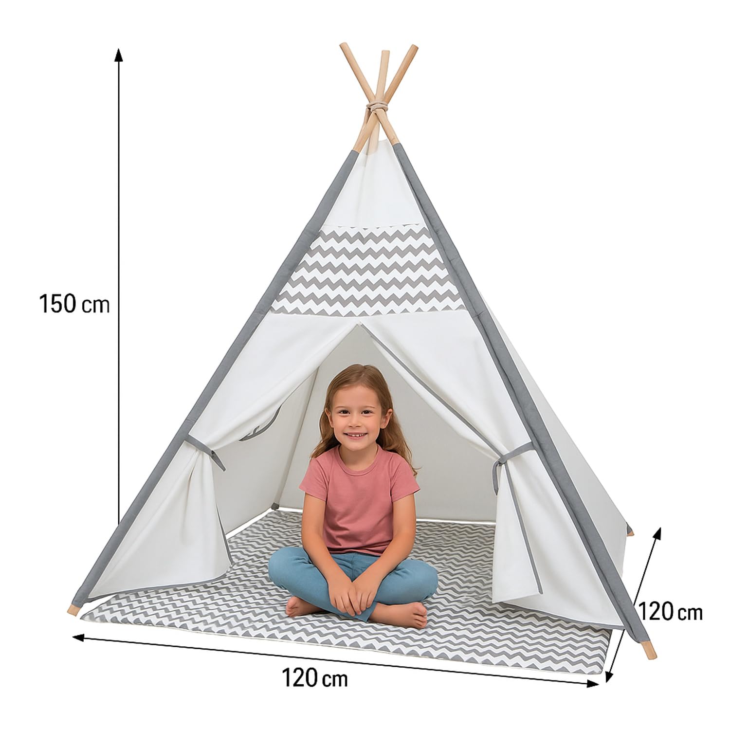 Tenda Gioco Teepee per Bambini Indiana con Tappetino Bianca Grigia Zigzag 120x120x150 cm Interni Design Classico