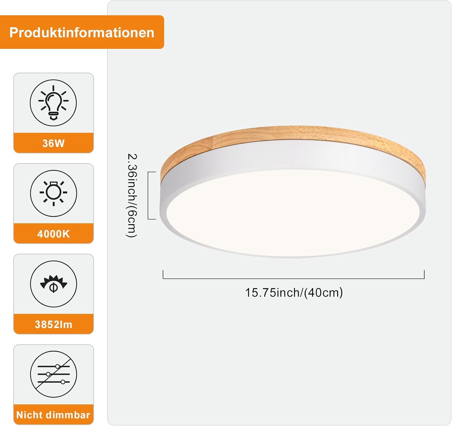 Qamra Plafoniera LED, Plafoniera Bianca 40cm, 36W | Lampada con Legno per camera da letto, soggiorno, cucina, corridoio, sala da pranzo, 4000K
