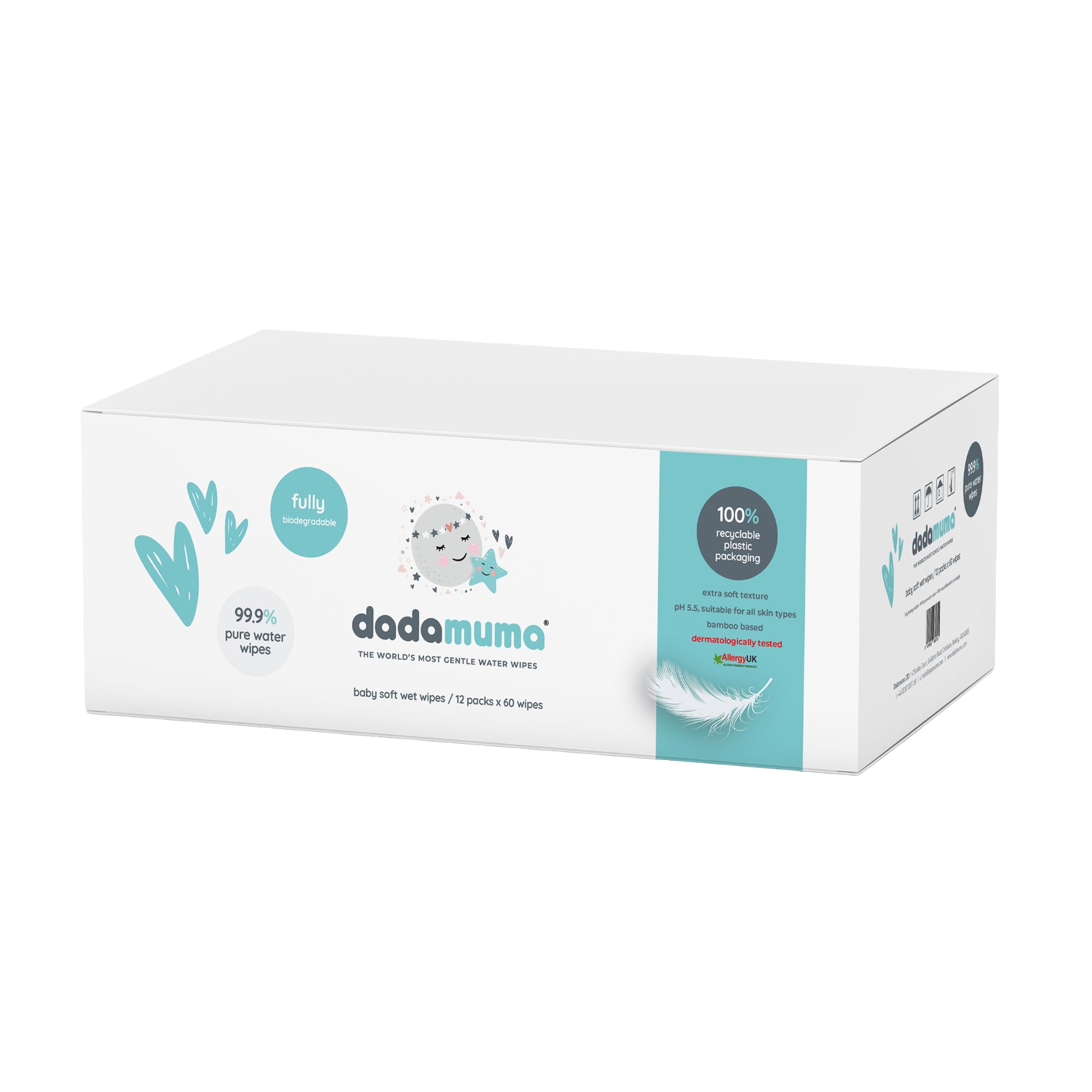 99.9% Pure Water Baby Wipes (12 x 60 Wipes), Gentle with Newborn Skin, Natural Ingredients, Allergy UK Approved, Plastic-Free, Biodegradable, Eco-Friendly (Unscented)