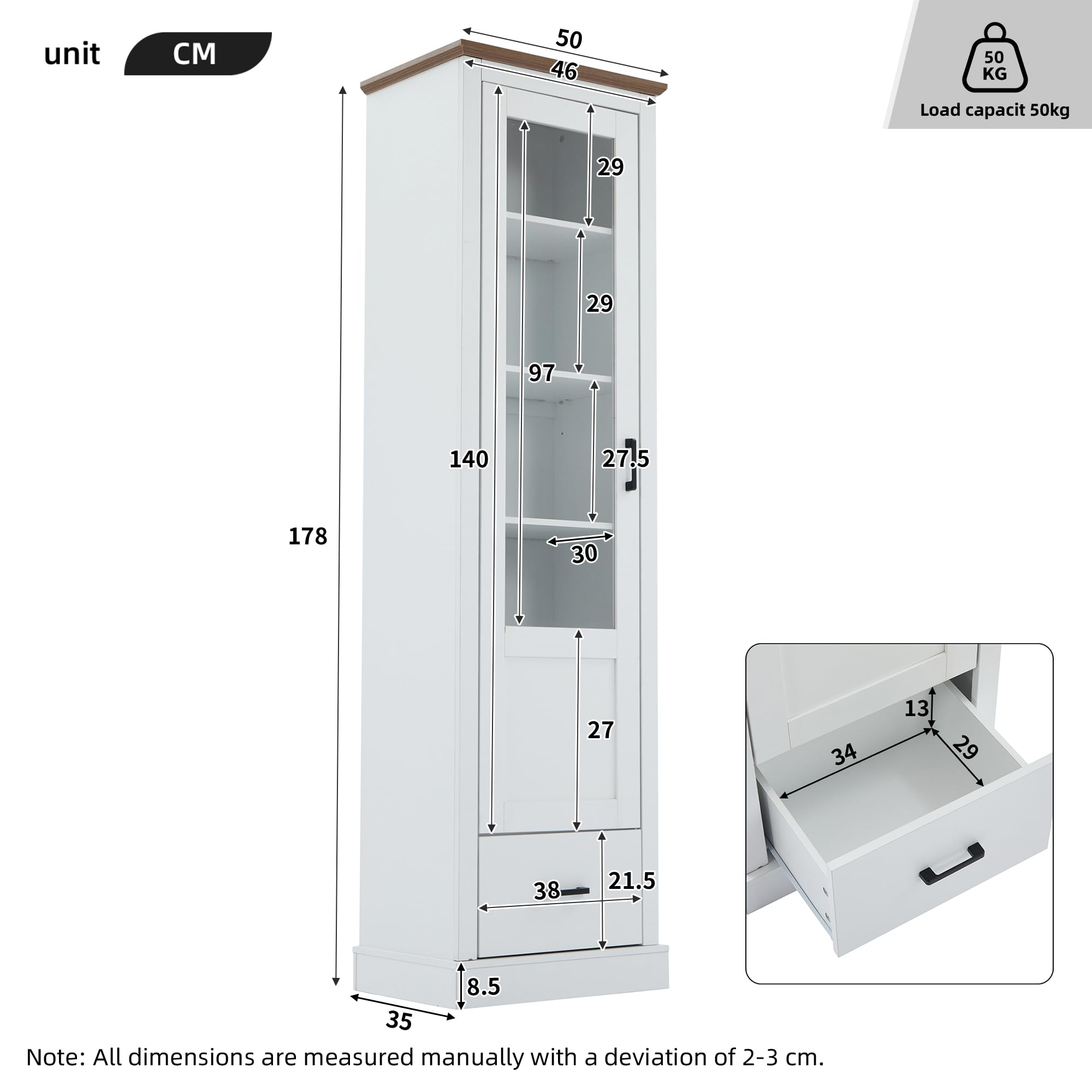 Shye Vitrina moderna de color blanco mate, 178 cm, con decoración de madera, armario alto de cristal templado con cajón, 5 compartimentos