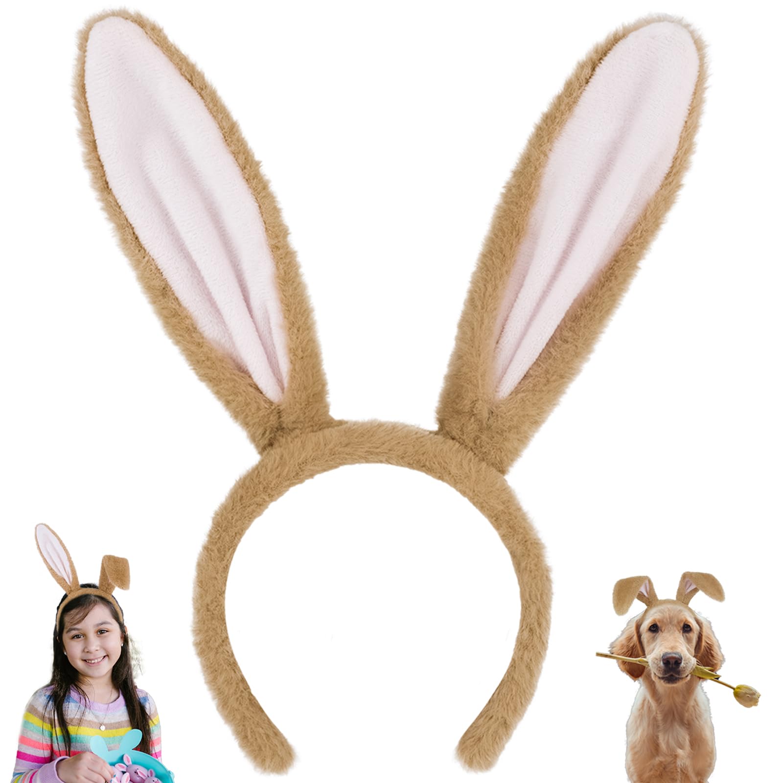 BeviliuBunny Ears Headband Easter, Rabbit Ear Animal Hairband for Adult, Fluffy Headwear Brown for Halloween Christmas Costume Theme Cosplay Party Birthday