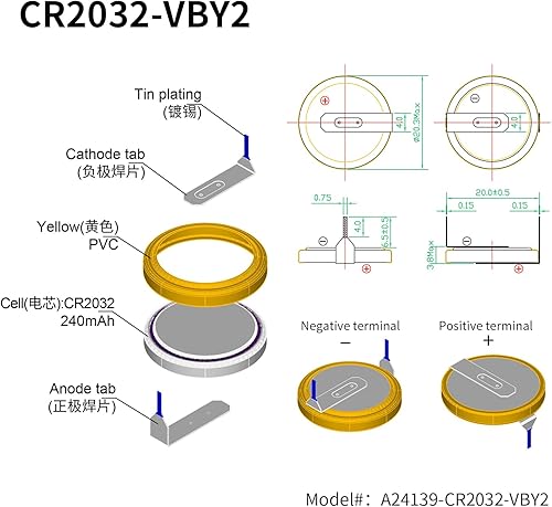 Miniatura 3 de EEMB Paquete de 10 baterías CR2032 CR2032 de litio de 3 V con pestañas de soldadura, baterías de litio de celda de moneda 2032 para SNES, N64,