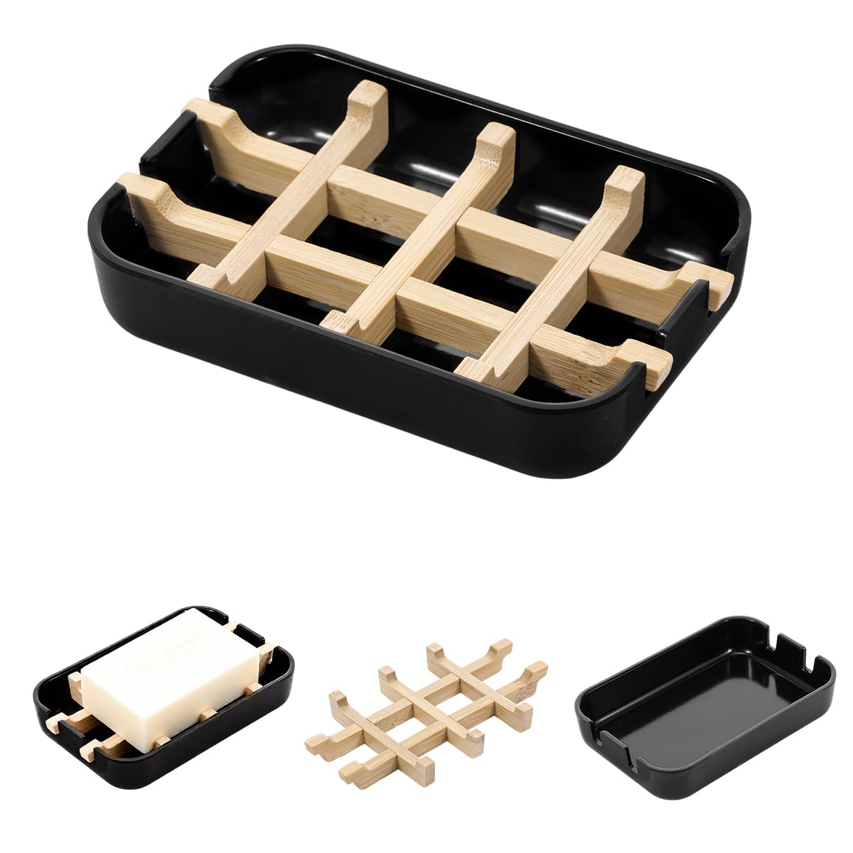 Yecuelo Black Bamboo Soap Dish Holder| Natural Fiber Sponge Dish With Drainage Storage Lid Soap Box Soaps Saver | Soap Holder For Kitchen Bathroom Shower Wash Basin (Black)