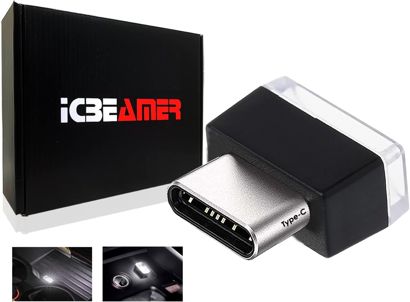 ICBEAMER Type C Adapters Atmosphere Light, [Color: White] Universal Interface Plug-in Miniature Night Light LED USB Car Interior Trunk Ambient