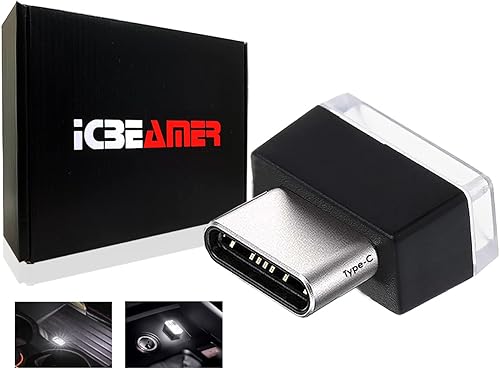 ICBEAMER Adaptadores tipo C Luz de atmósfera, Color Blanco Interfaz universal enchufable Luz nocturna en miniatura LED USB Coche Interior Tronco