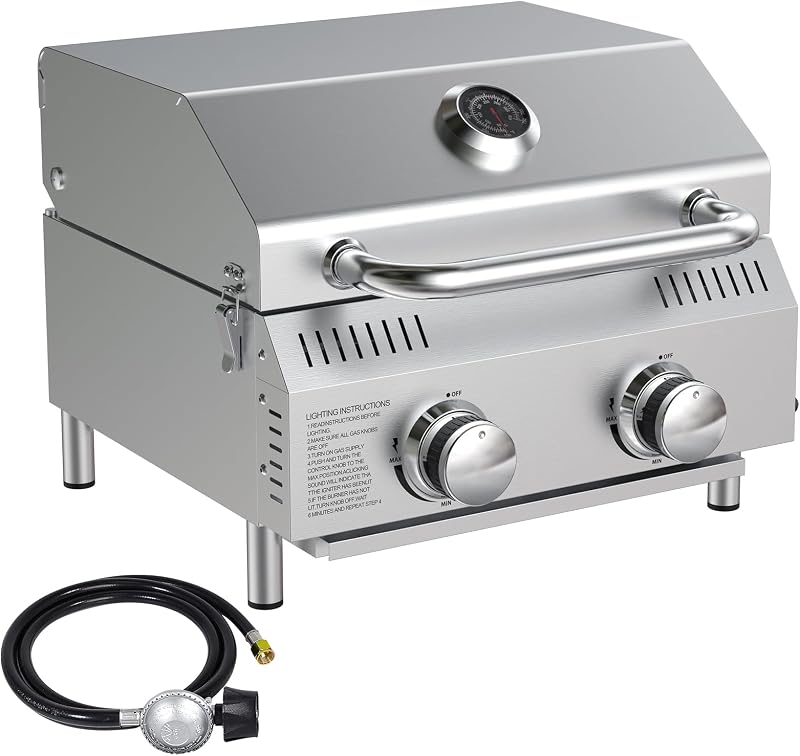 Tabletop Propane Gas Grill 2 Burners, 20,000 BTUs Stainless Steel Portable Propane Grill with Legs for Outdoor Patio Backyard Camping, Tailgating, and RV Trips
