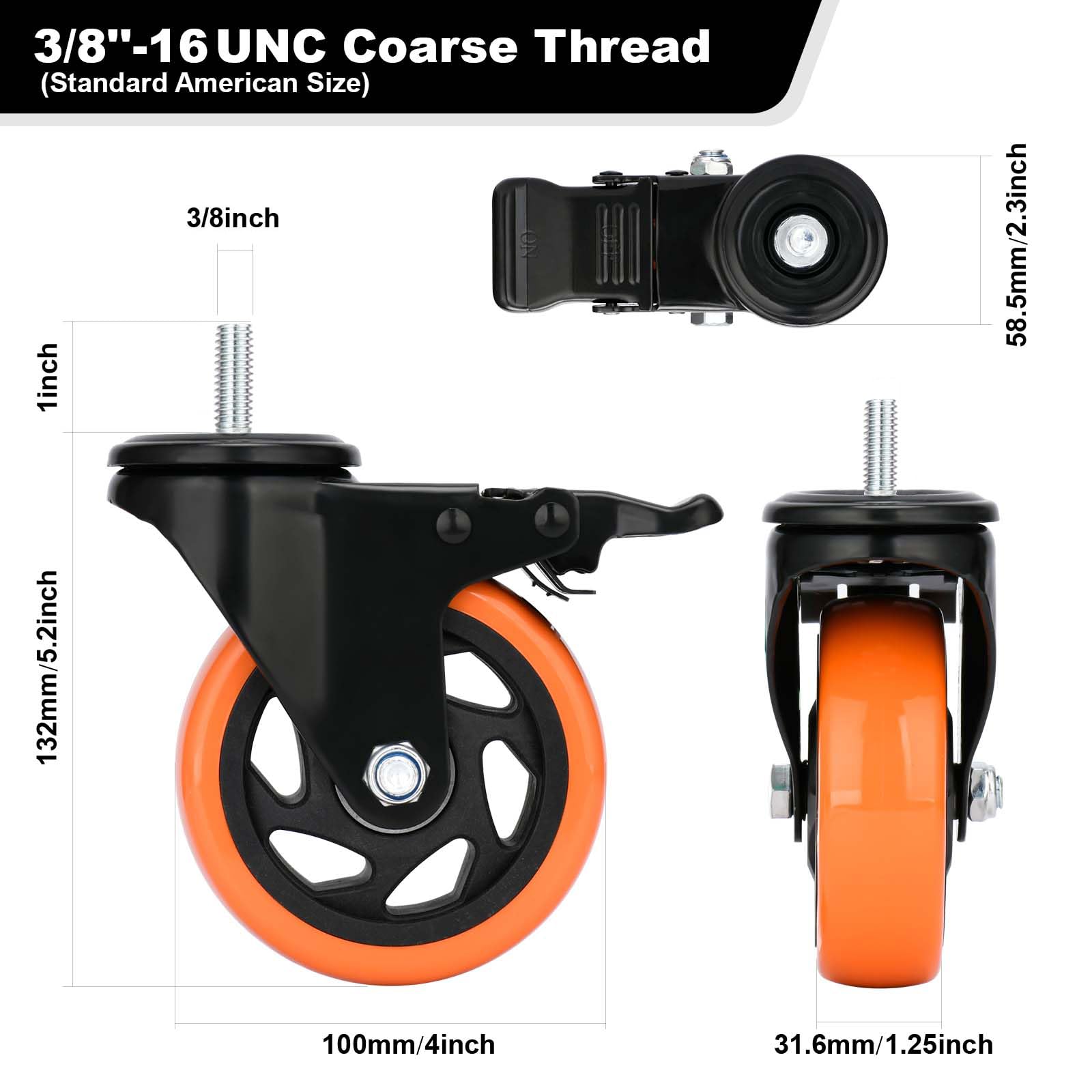 ruote girevoli 4 Pollice per carichi pesanti ruote con perno filettato 3/8"-16x1" Sicurezza Duale Di bloccaggio Industriale Ruote set da 4 portante 1200 Lbs Ruota con Freni Ruote per Carrello, Mobil