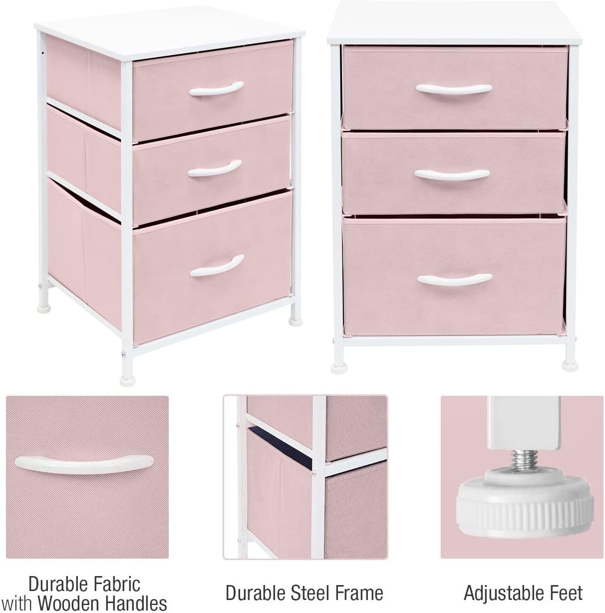 Sorbus Nightstand with 3 Drawers - Furniture Storage Chest Tower Unit for Bedroom, Hallway, Closet, Office Organization - Steel Frame, Wood Top, Pastel Fabric Bin (Pink)