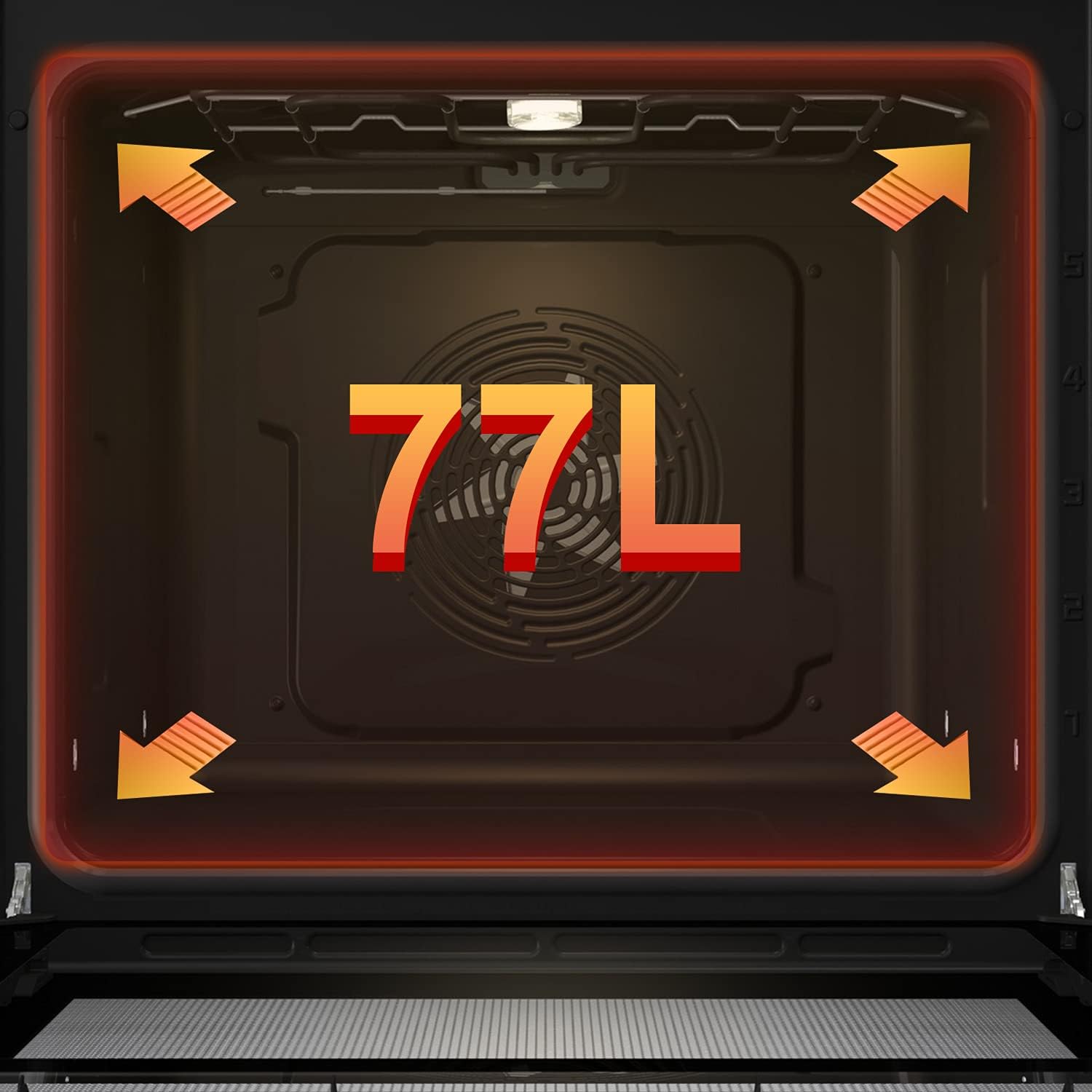 Interior of the oven highlighting the 77L capacity with arrows indicating space