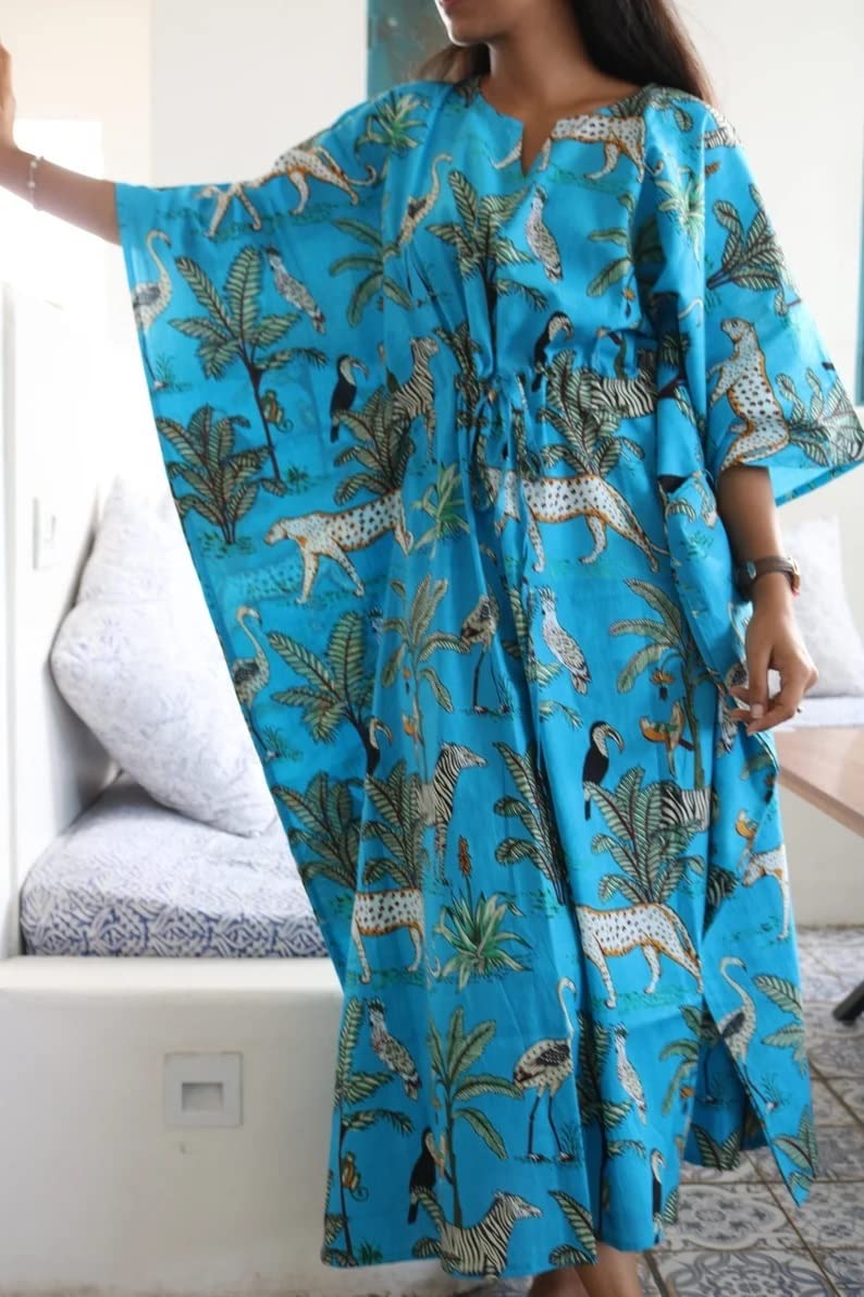 Robe de nuit maxi caftan imprimé jungle en coton fait à la main, caftan court, beau caftan, robe de plage