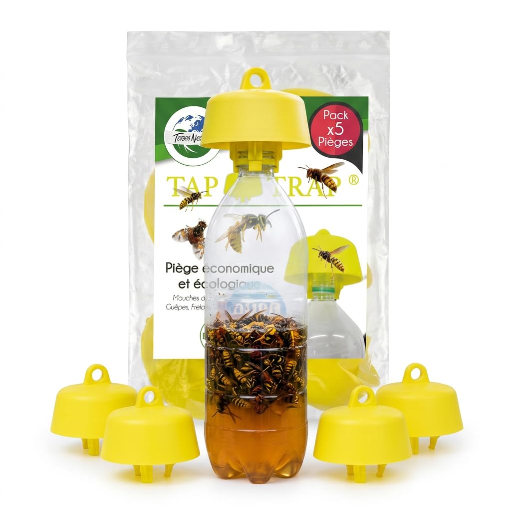 Terra Nostra Piège à Guêpes, Frelons, Mouches des Fruits, Mouches de l'Olivier – Lot de 5 Tap Trap Économiques avec Recettes d'Appâts Incluses