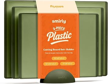 SMIRLY Plastic Cutting Board Set with Holder 3 Pieces, Non-Slip Dishwasher Safe Chopping Boards for Kitchen Green