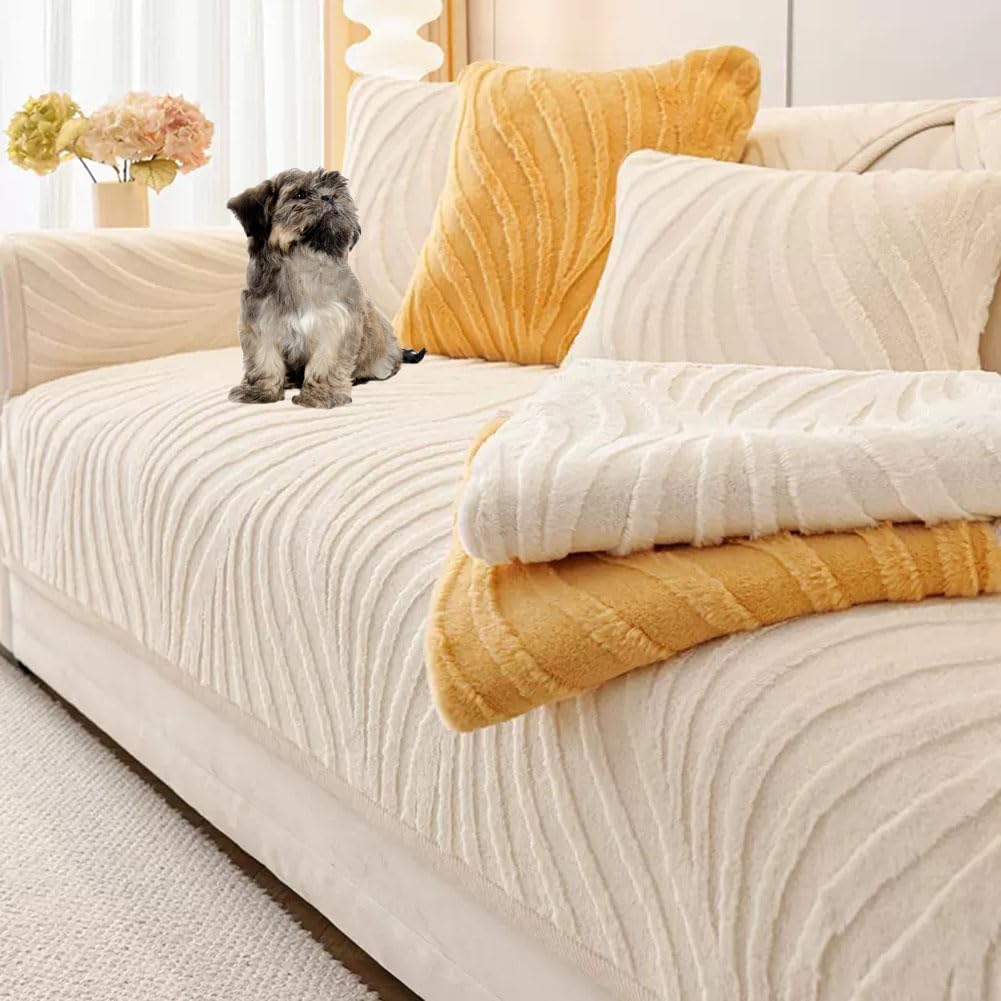 Plush pet Sofa Cover, Simple Striped Chenille Scratch-Resistant Sofa Cover, Chenille Sofa Cover Anti-Slip Solid Color Texture Sofa Cover Cream White 35 * 63in
