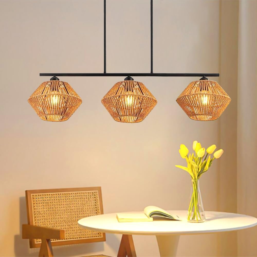 Rattanowa Lampa Wisząca Vintage Boho Lampa Sufitowa 3 Płomienie E27 Lampa Stołowa Do Jadalni Pleciony Abażur Rustykalna Żyrandol Do Jadalni Kuchnia Sypialnia Salon Przedpokój