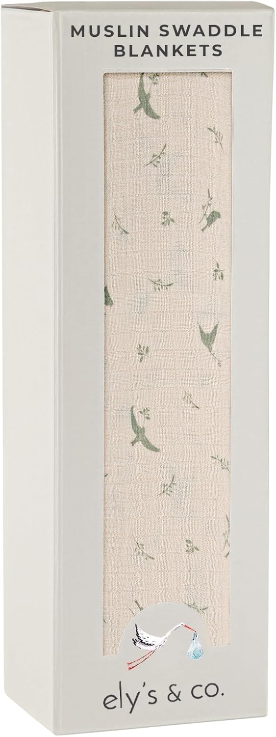 Ely's & Co. Muslin Swaddle Blanket 1-Pack for Baby Boy/Girl, 100% Cotton Muslin Extra Large Swaddle Receiving Blanket, 47”x47” (Sage Bird)