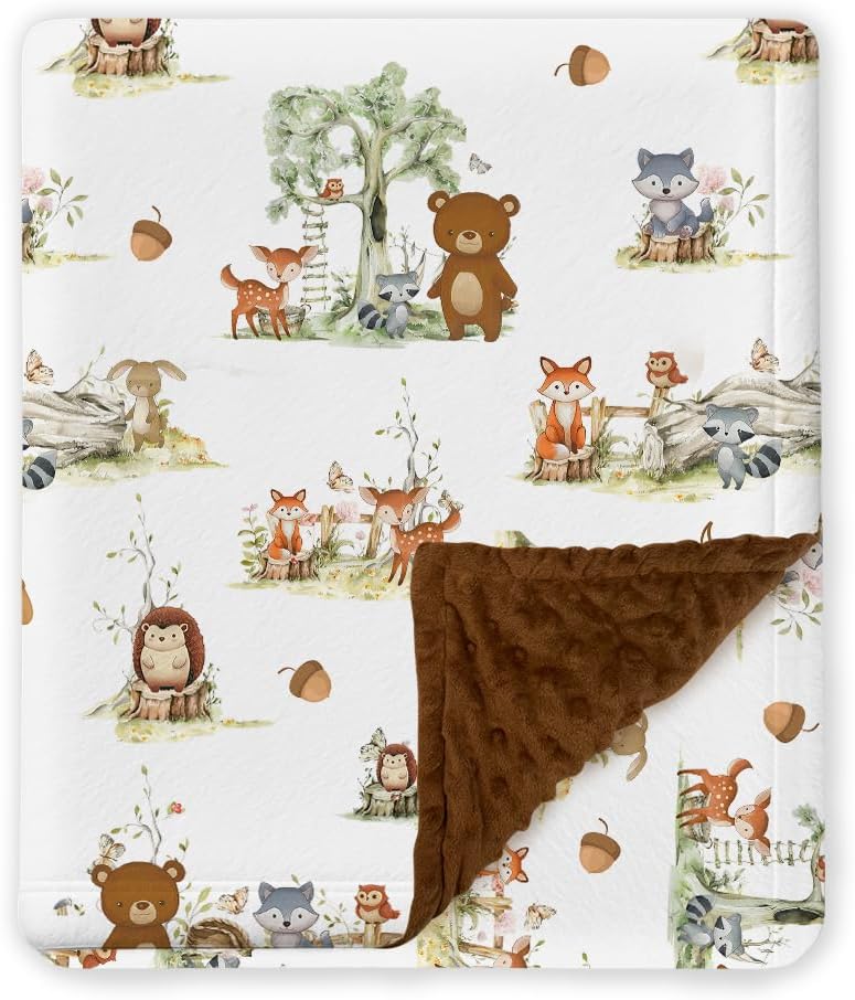 Woodland Animals Baby Blankets, Minky Blanket for Boys Girls with Double Layer Dotted Backing for Infant Toddler, 30x40 inches Soft Warm Nursery Bed Blanket Crib for Son Daughter