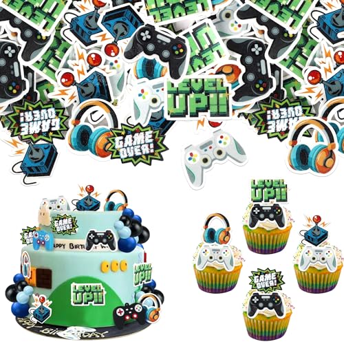 Rsstarxi 60 Pack Edible Video Game Theme Birthday Cupcake Toppers Rice Paper Controllers Game On Level Up GamePad Cupcake Picks Decorations for Baby Shower Kids Birthday Party Cake Decorations