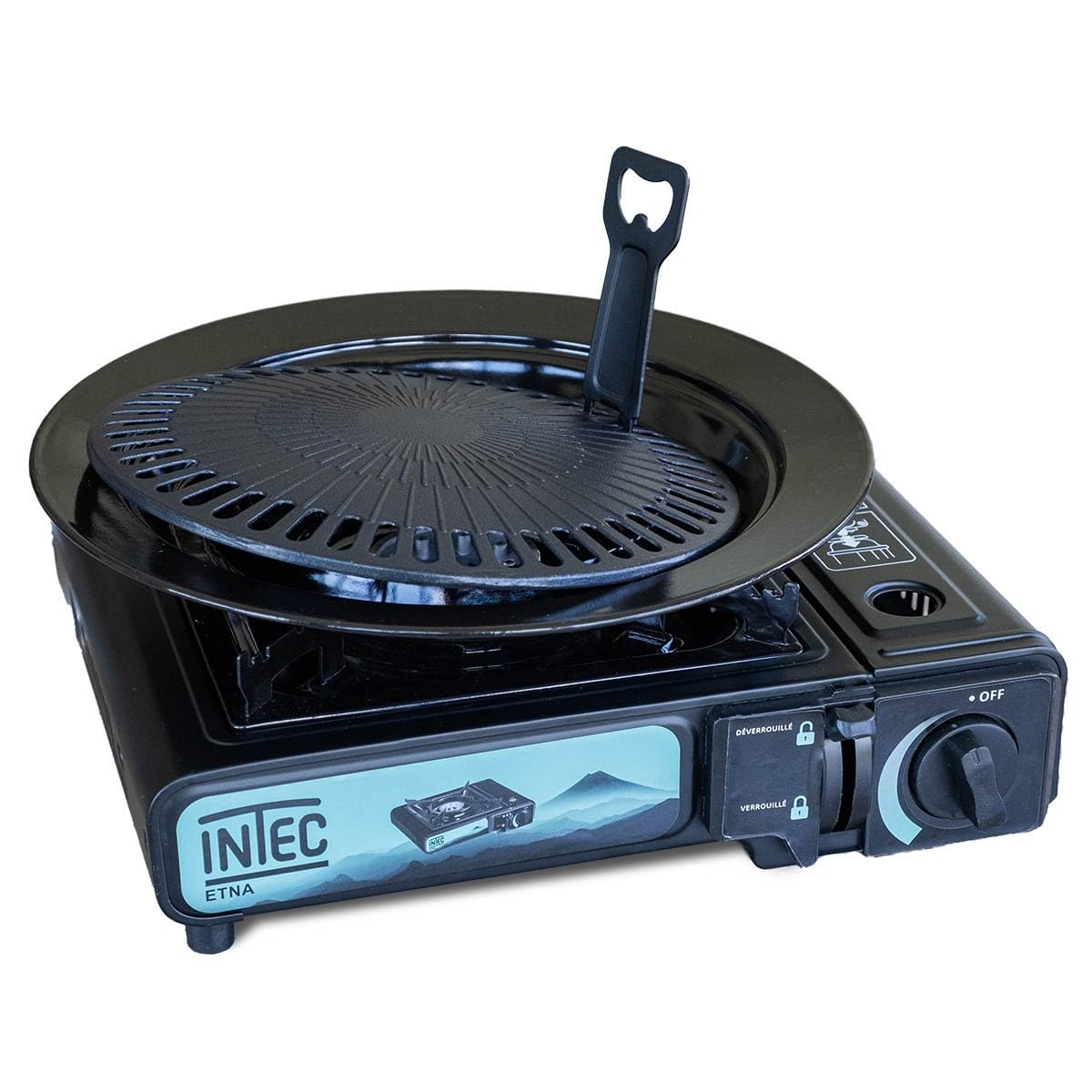 INTEC - Przenośna kuchenka gazowa Etna 2200 W + płyta grillowa Camping Zapłon Piezo walizka do gotowania na zewnątrz