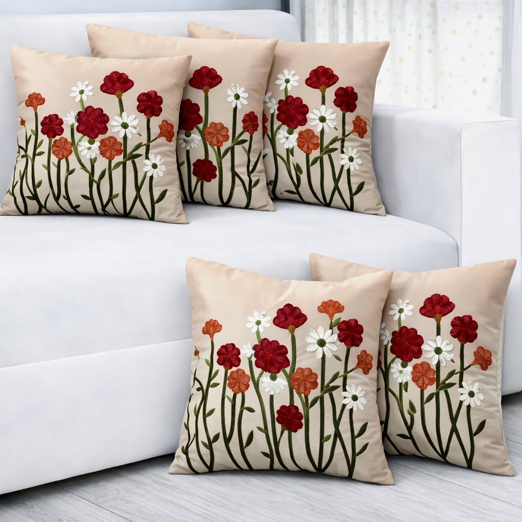 LOFEY Satin Cushion Cover Set of 5, Decorative Sofa Living Room Home Square Cushion Covers 16 Inch x 16 Inch, Aesthetic Floral Embroidered (Beige - Pack of 5)-image-38