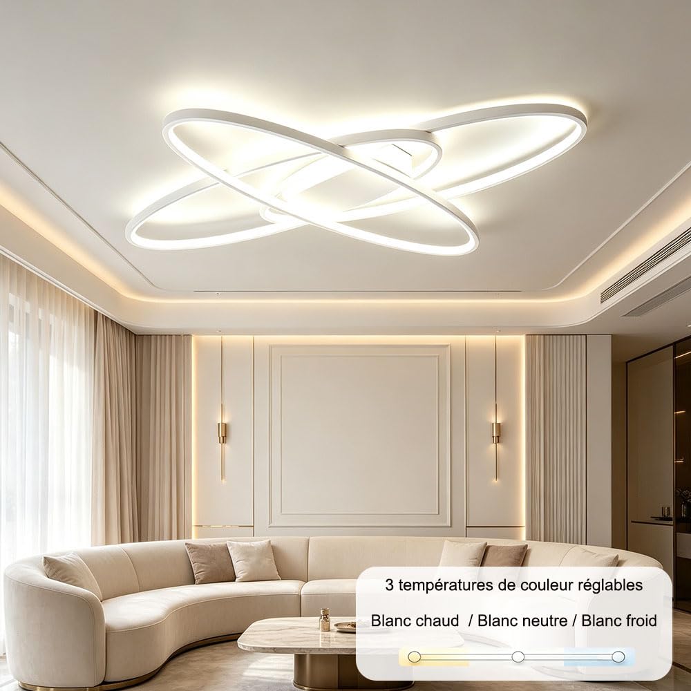 LIUYU Plafonnier LED Salon Dimmable avec Télécommande, 95W Blanc 130x85 cm