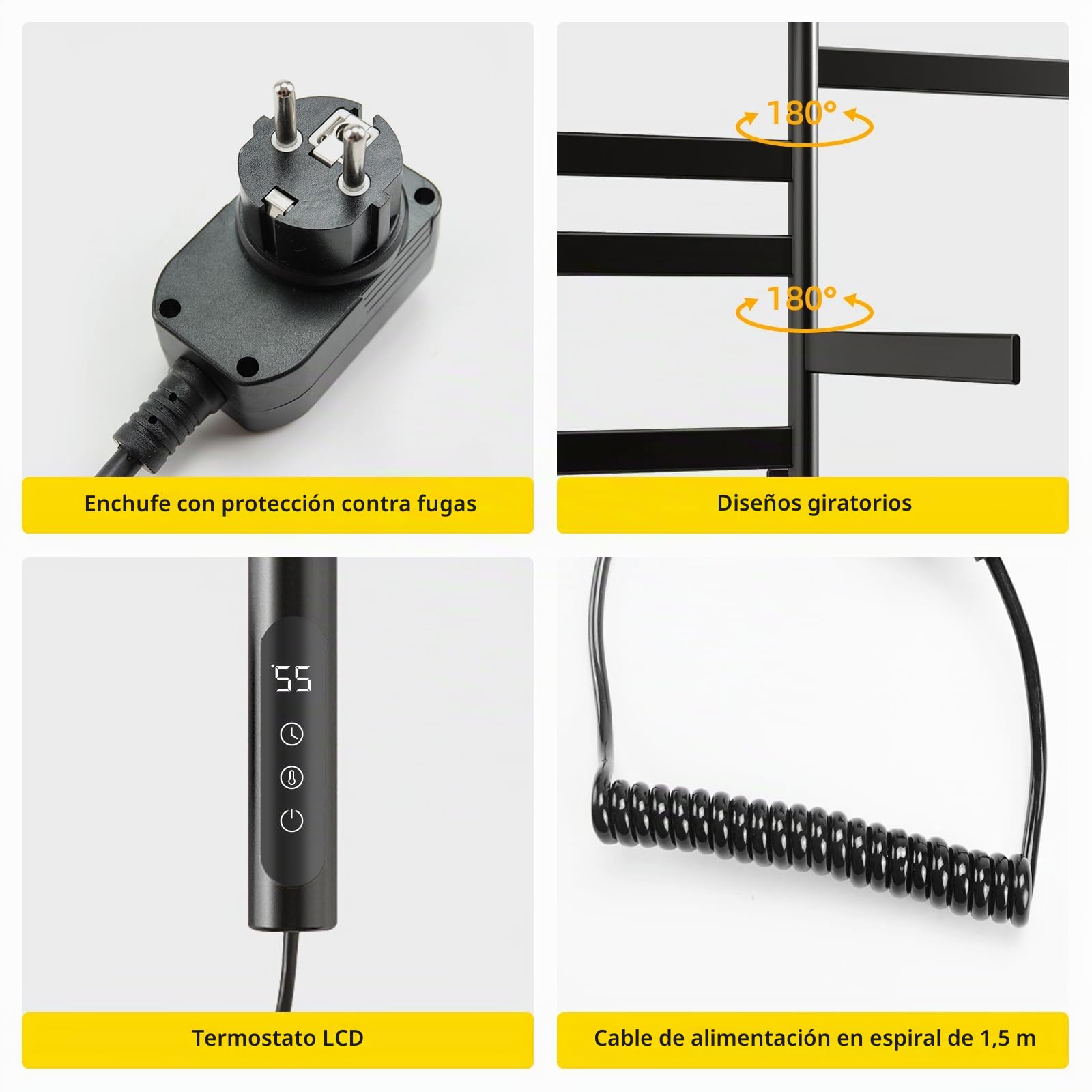 Toallero Electrico Baño Giratorio, Radiador Toallero Electrico Pared Acero Inoxidable 5 Barras,Calentador De Secador Toallas con Estante Y Termostato,150w 1-24H,Plug In & Hardwired,Negro