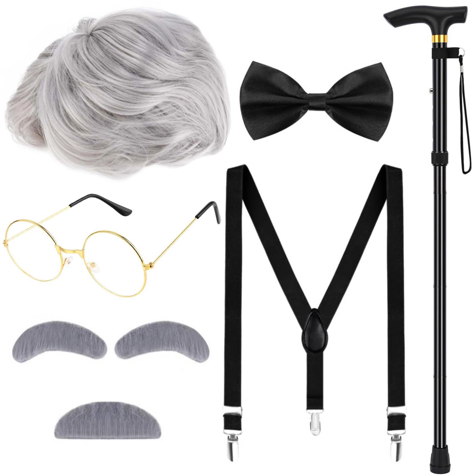 6 PCS Old Man Costume for Boys 100 Days of School Old Man Wig Set for Kids Grandpa